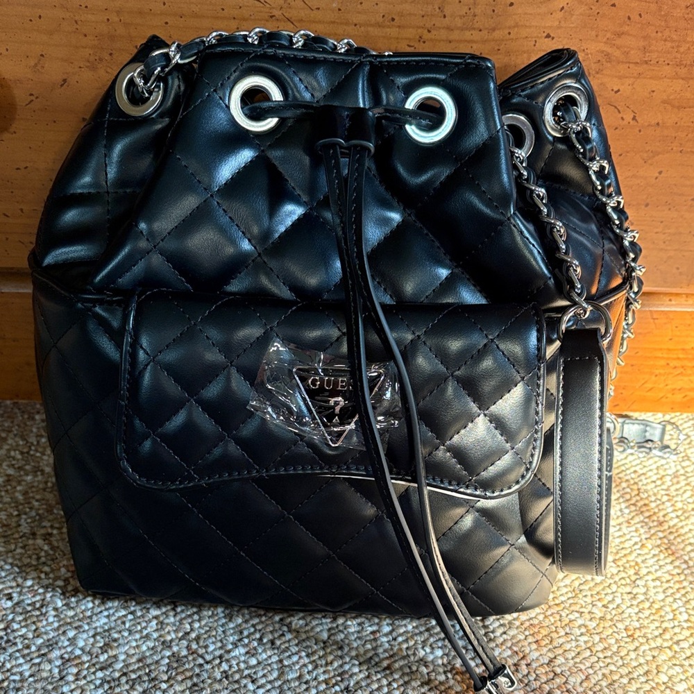 GUESS Black Quilted Drawstring Bucket Bag Crossbody with Silver two Chain Strap